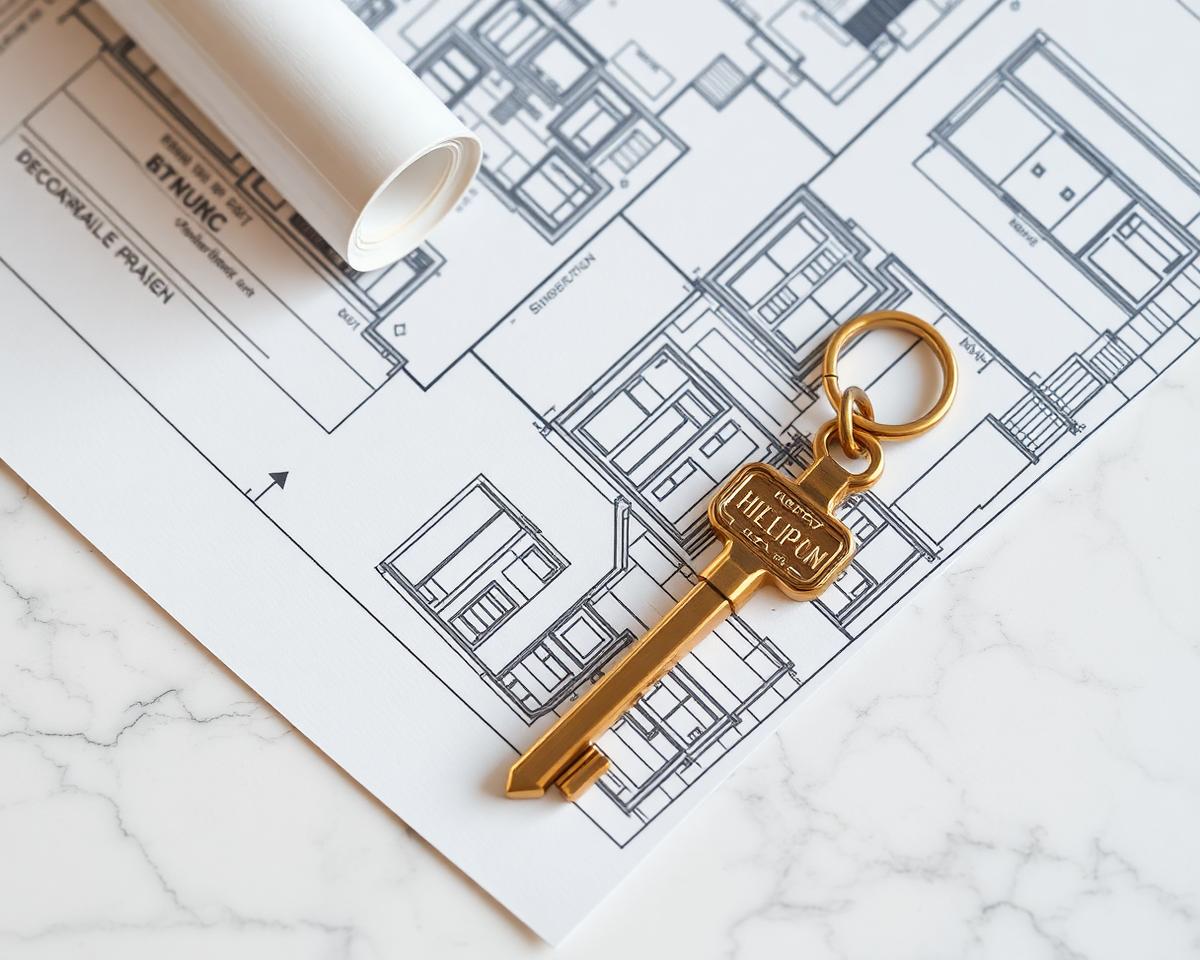 Architectural blueprint with key